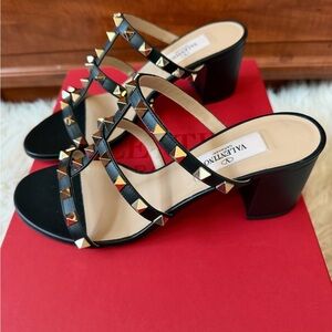 Valentino Black Sandals with Gold Studs